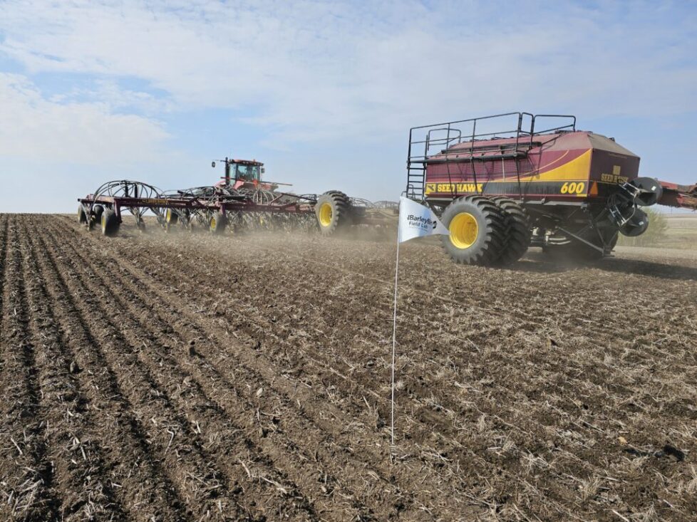 seeder planting barley plots for on farm research